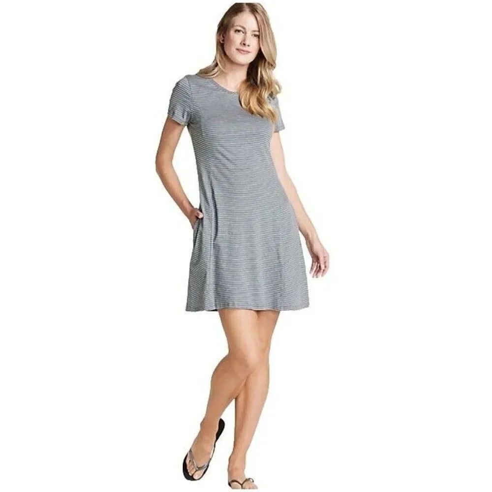 Toad &Co Windmere Short Sleeve Dress Stripe Pockets Organic Cotton Gray Size M